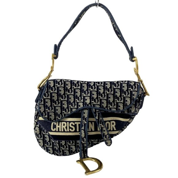 Auth DIOR/ChristianDior Saddle Bag Navy Cream Gray Velour Jacquard Handbag - Picture 1 of 16